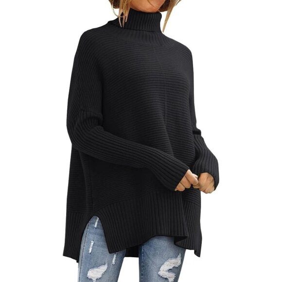 Women’s Oversized Turtleneck Sweaters Fall Ribbed Batwing Sleeve Tunic Sweater - Picture 1 of 6